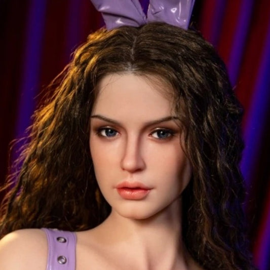 Elena - Testa di bambola monosesso con capelli castani ricci n. 393